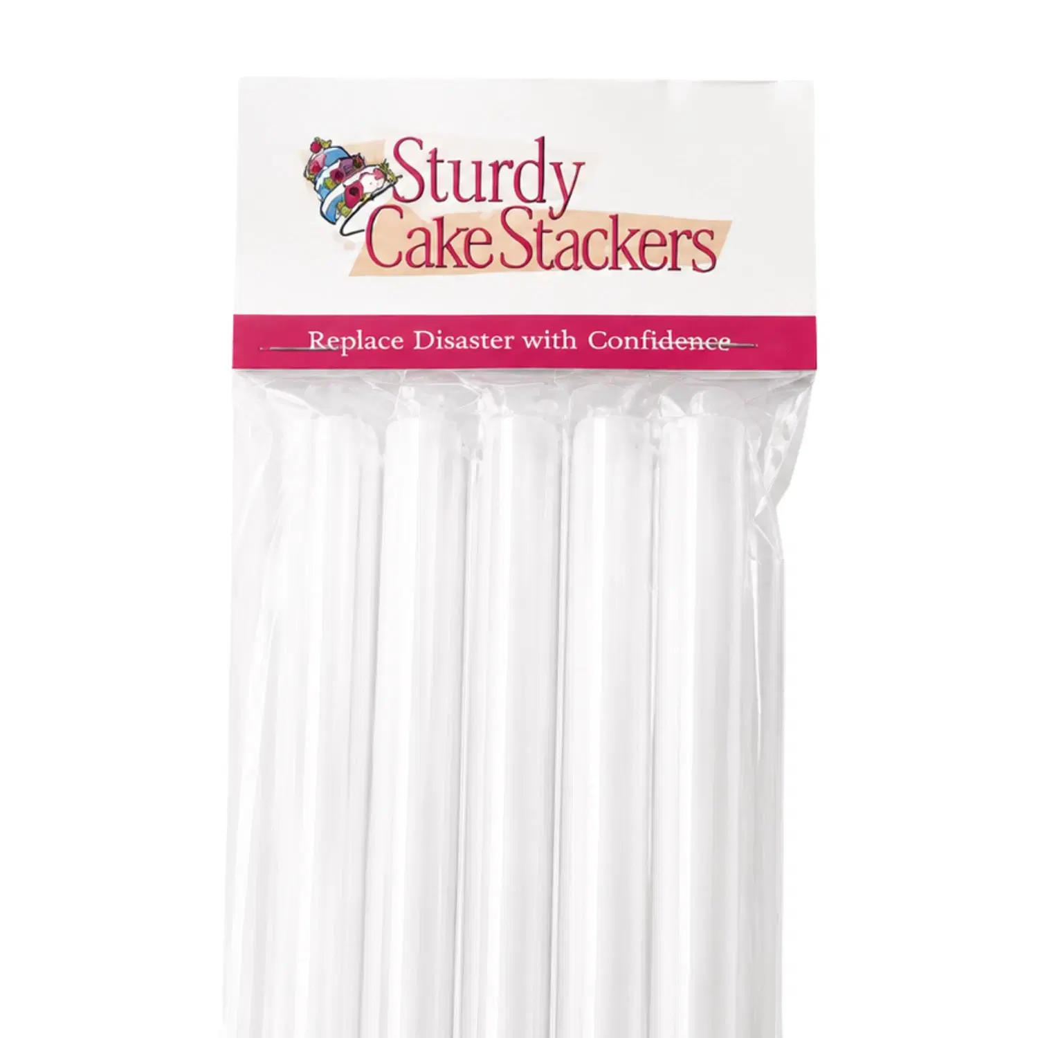 A pack of Poly Dowels — clear food-safe cake dowels in a Sturdy Cake Stackers header bag
